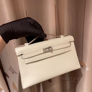 hermes mini kelly Pochette 21cm 一代 swift皮 10奶昔白Craie 银扣(爱马仕奶昔白包包价格) 高仿