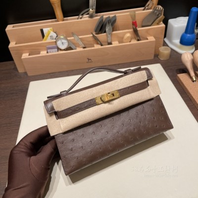 hermes mini kelly Pochette 21cm 一代 南非KK鸵鸟皮ostrich 47巧克力 金扣 价格