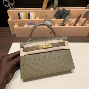 hermes mini kelly 19cm 二代 南非KK鸵鸟皮ostrich Q1鼠尾草绿 金扣