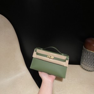 hermes mini kelly Pochette 21cm 一代 swift皮 V6丛林绿 金扣 图片