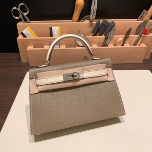 hermes mini kelly 19cm 二代 epsom皮 18大象灰拼10奶昔白 银扣(爱马仕mini kelly二代大象灰)