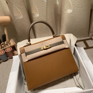 hermes kelly 25cm 凯莉包 epsom皮 拼色 37金棕拼18大象灰 金扣(爱马仕拼色凯莉包)