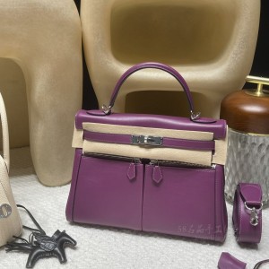 hermes kelly lakis 32cm swift皮 P9海葵紫 银扣(爱马仕海葵紫色号) 上身图