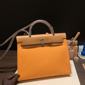 hermes herbag 31cm 帆布包 外缝 杏黄色(爱马仕黄色帆布包)