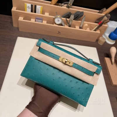 hermes mini kelly Pochette 21cm 一代 南非KK鸵鸟皮ostrich Z6孔雀绿 金扣 尺寸