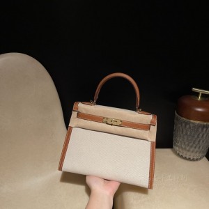 hermes kelly Toile 限量款 28cm barenia马鞍皮拼帆布37金棕