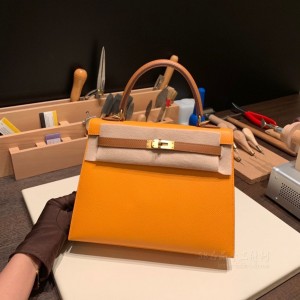 hermes kelly 25cm 凯莉包 epsom皮 拼色 9V太阳黄拼37金棕 拉丝金扣(hermes凯莉包mini)