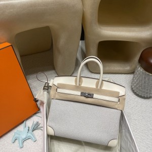 hermes birkin Tolie 25cm swift皮拼帆布 i2奶油白 银扣3(爱马仕herbag帆布)