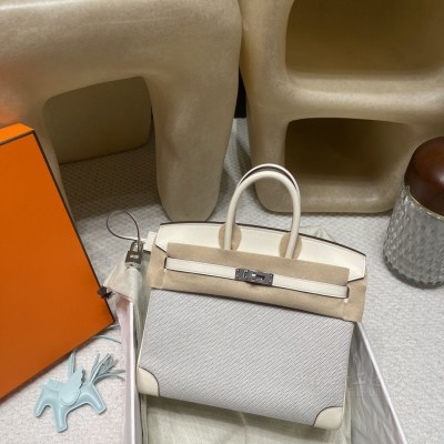 hermes birkin Tolie 25cm swift皮拼帆布 i2奶油白 银扣3(爱马仕herbag帆布)