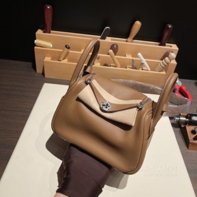 hermes Lindy mini 琳迪 <strong>Swift</strong>皮 3G栗子色拼4B饼干色 银扣