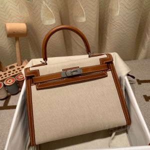 hermes kelly 28cm 凯莉包 swift皮拼帆布 马鞍原木色 银扣