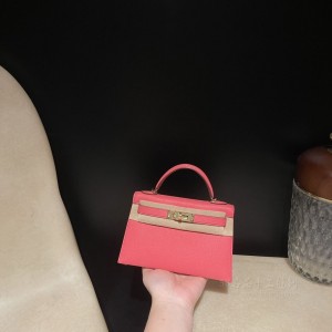 hermes mini kelly 19cm 二代 山羊皮Chevre 8W唇膏粉内拼L3玫瑰紫 金扣(hermes verrou mini)