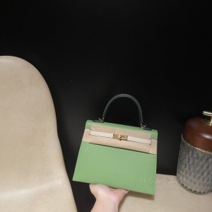 hermes kelly 25cm 凯莉包 epsom皮 3i拼10奶昔白拼 V6丛林绿(爱马仕凯莉包二代mini凯莉包价格)