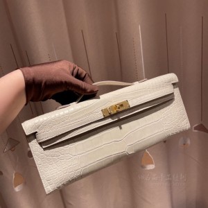 hermes kelly cut 31cm 凯莉手包晚妆包 尼罗鳄鱼皮nilo crocodile Matte雾面 8L冰川白 金扣 图片