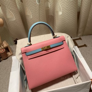 hermes kelly 25cm 凯莉包 epsom皮 拼色 1Q奶昔粉拼3P马卡龙蓝 金扣(爱马仕凯莉包奶昔白)