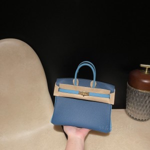 hermes birkin 25cm 铂金包 togo皮 1P鸭子蓝拼3P北方蓝 金扣(爱马仕birkin铂金包)