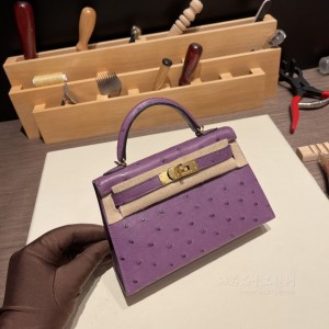 hermes mini kelly 19cm 二代 南非KK鸵鸟皮ostrich P9海葵紫 金扣(爱马仕kelly鸵鸟皮包包报价)