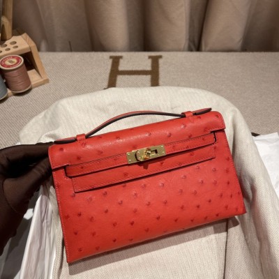 hermes mini kelly Pochette 21cm 一代 南非KK鸵鸟皮ostrich 蕃茄红 金扣(爱马仕鸵鸟皮birkin) 尺寸