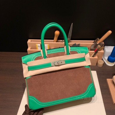 hermes birkin 30cm 铂金包 Grizzly麂皮拼<strong>Swift</strong>皮 精品 37金棕1K竹子绿 银扣(hermes铂金包价格)