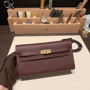 hermes kelly to go epsom皮 57波尔多酒红 金扣 图片