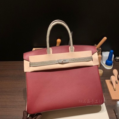 hermes birkin 35cm 铂金包 <strong>Evercolor</strong>皮拼鳄鱼 55红拼 81斑鸠灰 银扣(爱马仕铂金包鳄鱼)