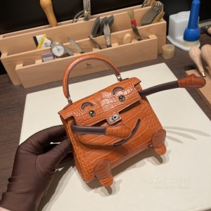 hermes kelly doll 千禧娃娃包 Alligator美洲鳄鱼皮 Matte雾面 千禧 37金棕拼46乌木色 银扣