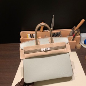 hermes birkin 25cm 铂金包 山羊皮Chevre 80珍珠灰拼18大象灰 拉丝银扣(爱马仕birkin大象灰金扣)