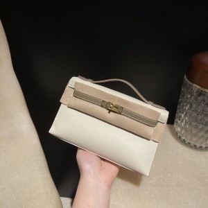 hermes mini kelly Pochette 21cm 一代 swift皮 10奶昔白拼18大象灰 高仿