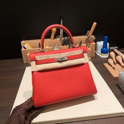 hermes kelly 25cm 凯莉包 <strong>togo</strong>皮 S3心红 银扣(爱马仕凯莉包一代和二代的区别)