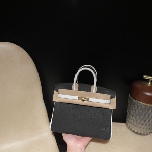 hermes birkin 25cm 铂金包 togo皮 89黑色拼01纯白本色线 金扣(hermes铂金包黑金价格)