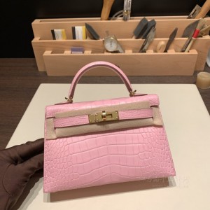 hermes mini kelly 19cm 二代 Alligator美洲鳄鱼皮 Matte雾面 3Q樱花粉 金扣