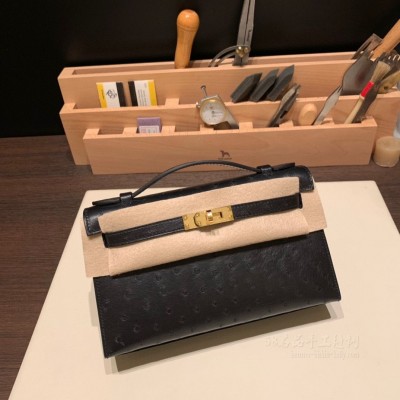 hermes mini kelly Pochette 21cm 一代 南非KK鸵鸟皮ostrich 89黑色 金扣 高仿