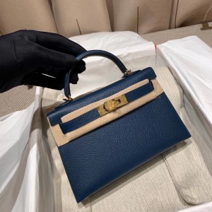 hermes mini kelly 19cm 二代 epsom皮 S4深邃蓝 金扣(hermes mini lindy)