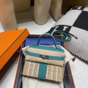 hermes kelly Picnic 野餐包 swift皮编藤条 U1维罗纳绿 银扣 官网