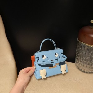 hermes kelly dole picto 马赛克娃娃包 7N糖果蓝 银扣 变形包(爱马仕sokelly包背法) 图片