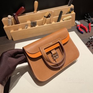 hermes Halzan mini 22cm barenia马鞍皮内拼93橙色(爱马仕马鞍包男)