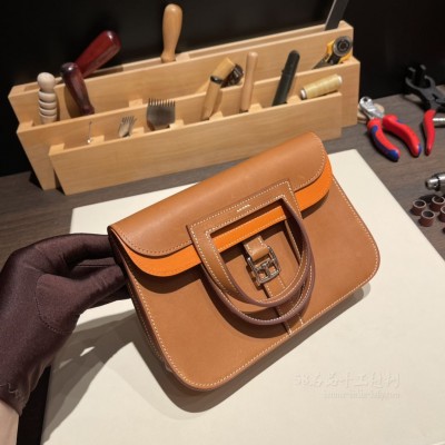 hermes Halzan mini 22cm barenia<strong>马鞍皮</strong>内拼93橙色(爱马仕马鞍包男)