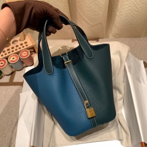 hermes picotin Lock 18cm 菜篮子 TC Clemence皮 S4深邃蓝拼6O松柏绿(hermes菜篮子尺寸)