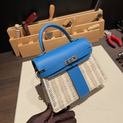 hermes kelly Picnic 野餐包 <strong>Swift</strong>皮编藤条 0F弗里达蓝(爱马仕野餐包多少钱) 细节图