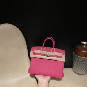 hermes birkin 25cm 铂金包 togo皮 E5玫红内拼S3心红 银扣(hermes铂金包包)