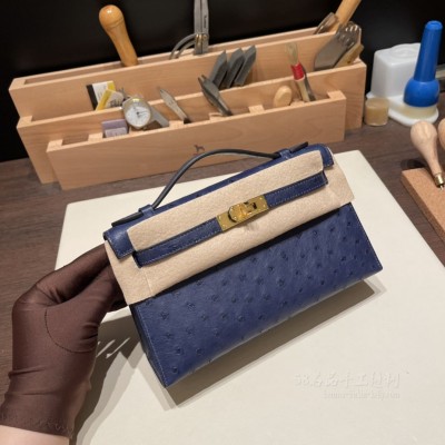 hermes mini kelly Pochette 21cm 一代 南非KK鸵鸟皮ostrich 73宝石蓝 金扣(爱马仕鸵鸟皮kelly25包包什么价) 高仿
