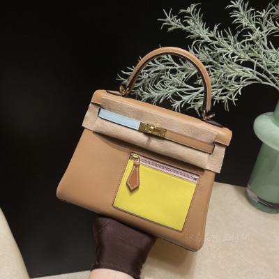 hermes kelly Colormatic 25cm <strong>Swift</strong>皮 限定六拼色 0M玛萨拉茶色 金扣 图片
