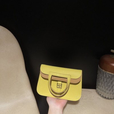 hermes Halzan mini 22cm TC Clemence皮 9R柠檬黄拼0M玛萨拉茶(爱马仕柠檬黄色号)
