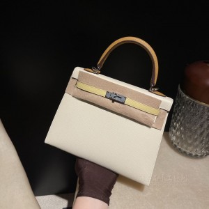 hermes kelly 25cm 凯莉包 epsom皮 i2奶油白拼1Z小鸡黄拼2S芝麻色 银扣