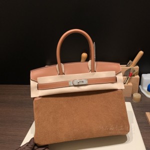 hermes birkin 30cm 铂金包 Grizzly麂皮拼swift皮 37金棕金棕 银扣(爱马仕铂金包皮料)