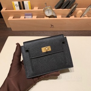 hermes kelly pocket 凯莉卡包 epsom皮 89黑色 金扣(爱马仕凯莉包二代mini凯莉包价格) 上身图