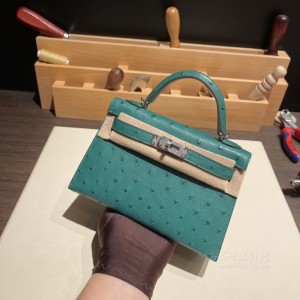 hermes mini kelly 19cm 二代 南非KK鸵鸟皮ostrich U4丝绒绿 银扣