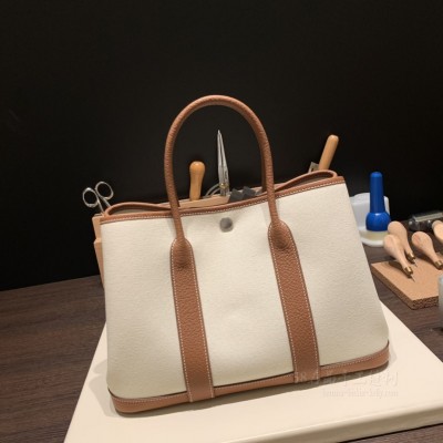 hermes Garden Party 30cm 花园包 帆布拼country皮 37金棕 银扣(爱马仕花园包帆布怎么看真假)