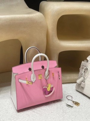 hermes birkin Sellier 25cm epsom皮 外缝 5P樱花粉拼01纯白 反线 金扣(爱马仕birkin樱花粉色)