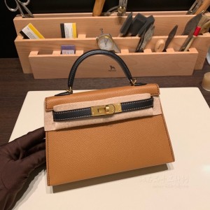 hermes mini kelly 19cm 二代 epsom皮 37金棕拼89黑色 金扣(爱马仕kelly mini黑金价格)